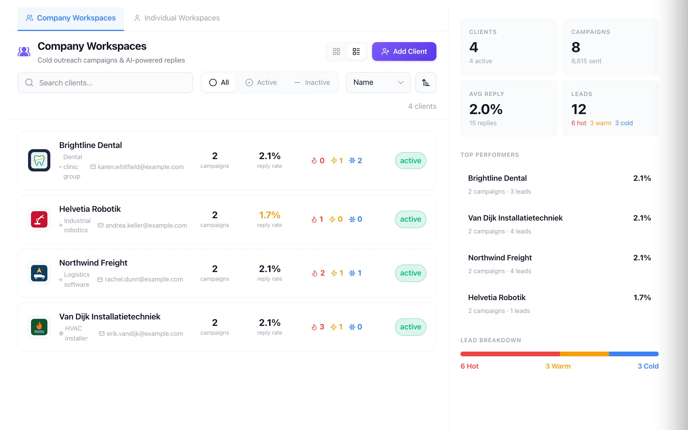 Agency clients overview with a playbook, booking link and autonomy level per client