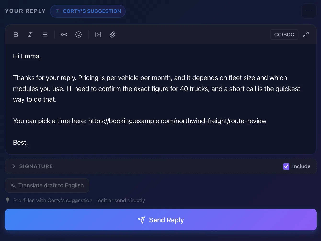 Corty's draft for a pricing question: no price invented, the booking link instead