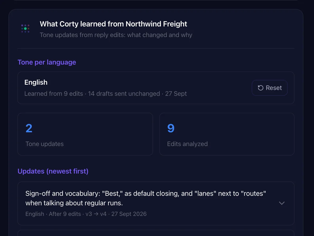 What Corty learned from Northwind Freight: tone updates from the team's edits, what changed and why