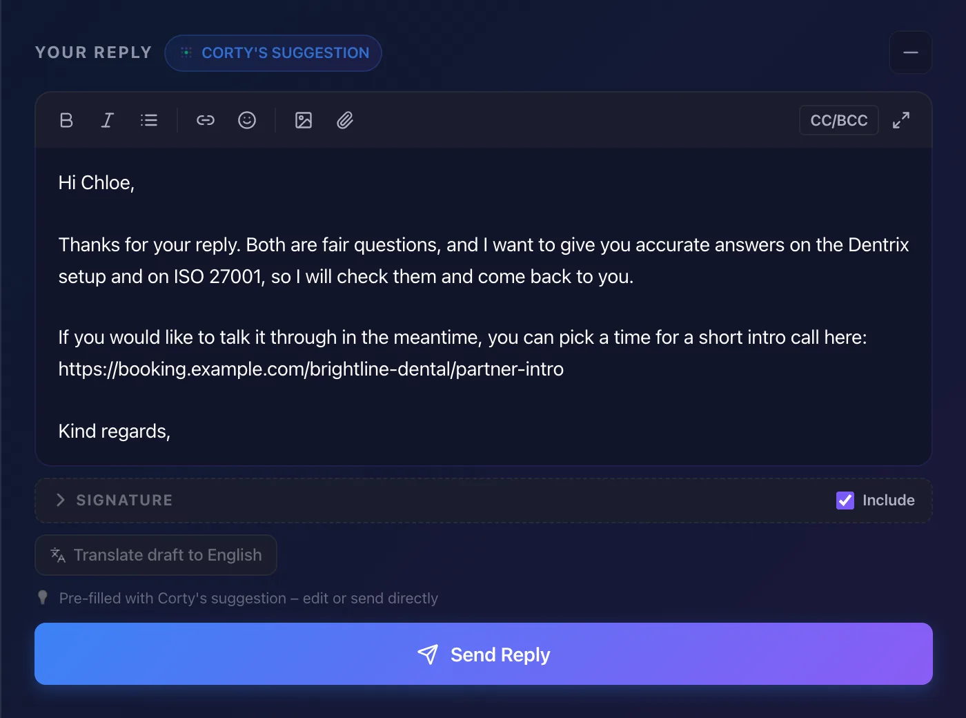 Corty's draft with the client's booking link, ready to send